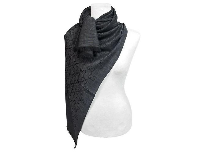 Gucci Sciarpa in lana e seta grigio scuro bicolore stamp: - vista 18