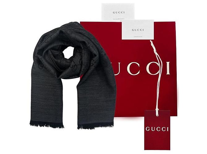 Gucci Sciarpa in lana e seta grigio scuro bicolore stamp: - vista 19
