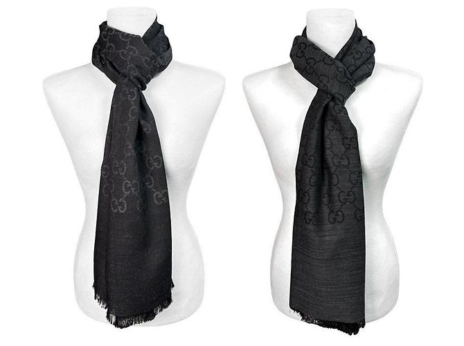 Gucci Sciarpa in lana e seta grigio scuro bicolore stamp: - vista 21