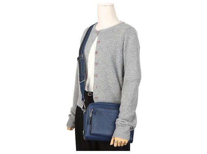 Prada Borsa a tracolla in pelle Saffiano Blue - vista 11