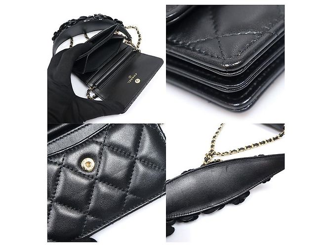 Chanel Mini Portafoglio a Tracolla con Catena Camelia in Pelle d'Agnello Nera (Model - vista 6