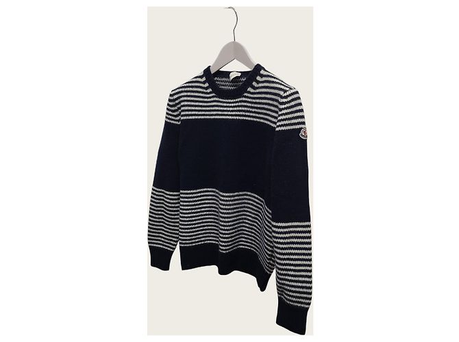 Moncler Maglia a girocollo a righe con logo patch Navy - vista 2