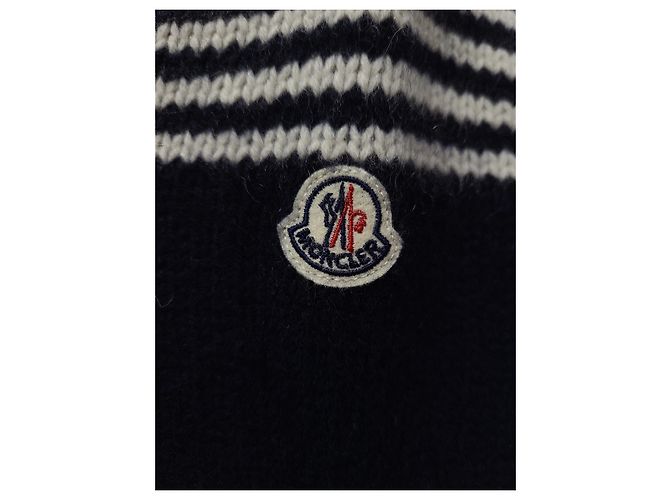 Moncler Maglia a girocollo a righe con logo patch Navy - vista 3