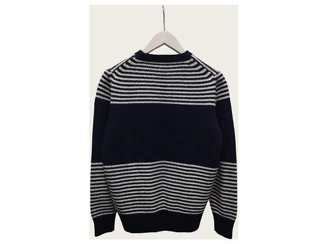 Moncler Maglia a girocollo a righe con logo patch Navy - vista 4
