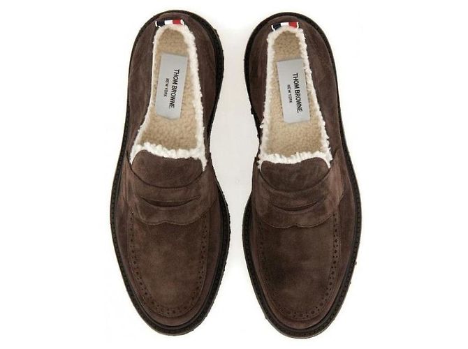 Thom Browne Mocassini Penny in camoscio Signature RWB - vista 5