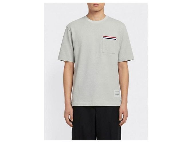 Thom Browne RWB besticktes T-Shirt aus strukturiertem Baumwoll-Leinen Hellgrau - Ansicht 4