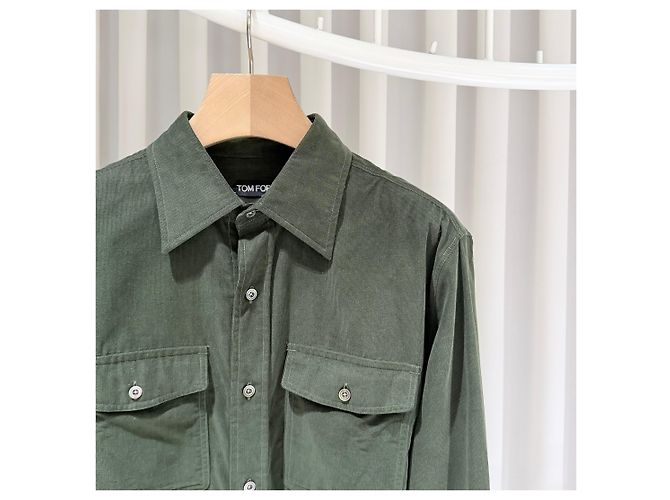 Tom Ford Camisa de algodão com colarinho e bolso Khaki - vista 4
