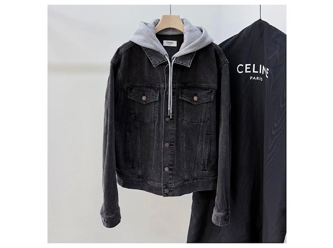 Céline Giacca in denim con cappuccio e logo nero - vista 3