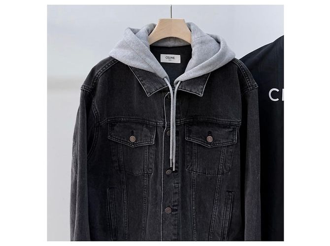 Céline Giacca in denim con cappuccio e logo nero - vista 4