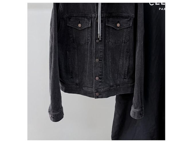 Céline Giacca in denim con cappuccio e logo nero - vista 5