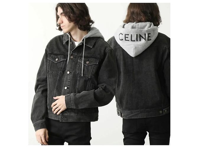 Céline Giacca in denim con cappuccio e logo nero - vista 7