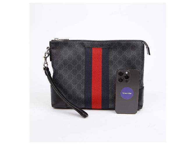 Gucci Clutch Bag GG Supreme Canvas Web Strap Black - vista 9