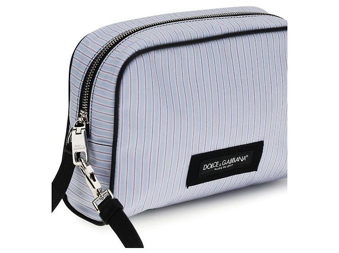 Borsa Dolce & Gabbana in popeline a righe e pelle blu - vista 4