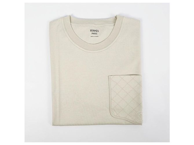 Hermès Maxi T-Shirt mit bestickter Tasche für Damen Kurzarm Beige - Ansicht 11