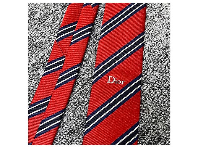 Dior Regiments-Seidenkrawatte Rot Marineblau Schwarz Weiß - vista 12