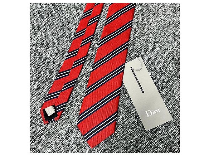 Dior Regiments-Seidenkrawatte Rot Marineblau Schwarz Weiß - vista 4