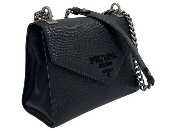 Prada Borsa a tracolla Monochrome in Saffiano nero con catena argentata - vista 2