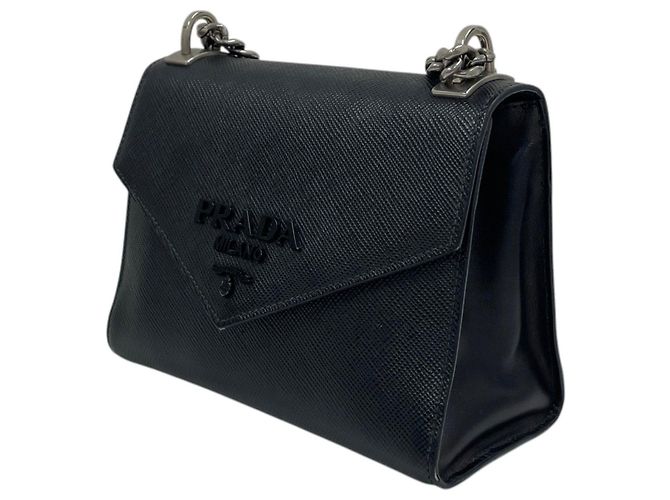 Prada Borsa a tracolla Monochrome in Saffiano nero con catena argentata - vista 3