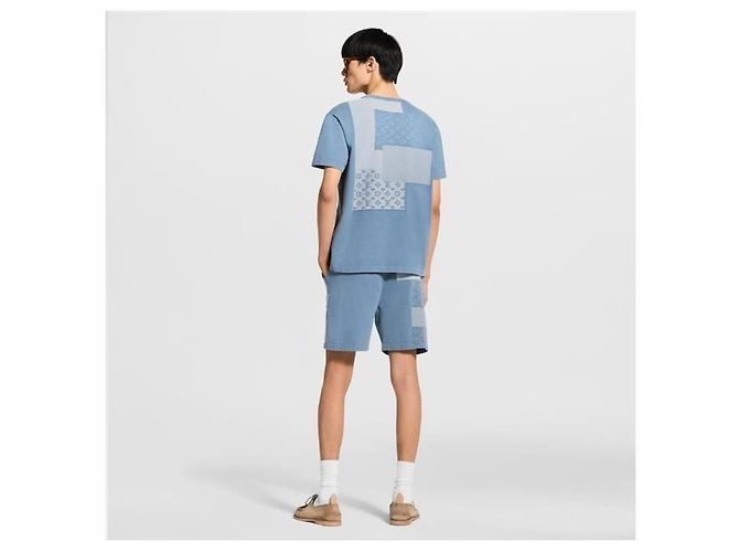Louis Vuitton Kurzarm-T-Shirt mit Rundhalsausschnitt aus Strick-Denim-Patchwork - Ansicht 5