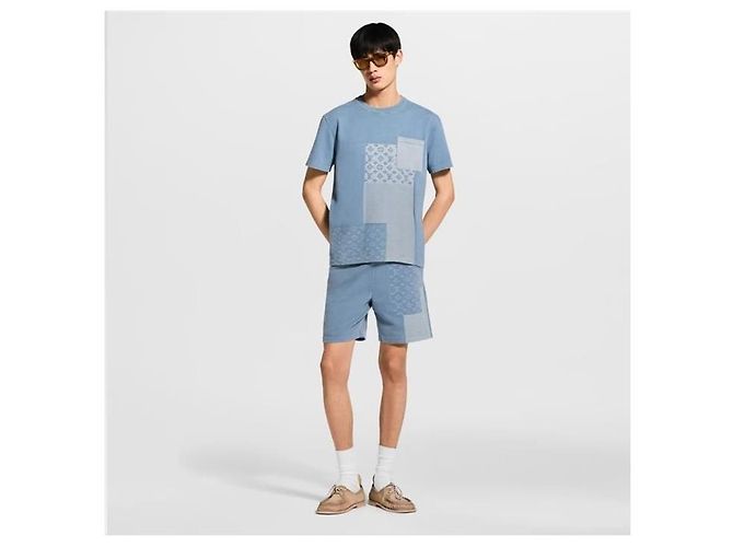 Louis Vuitton Kurzarm-T-Shirt mit Rundhalsausschnitt aus Strick-Denim-Patchwork - Ansicht 6