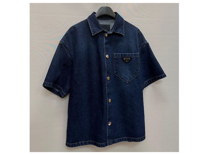Prada Camicia in denim a maniche corte con tasca logo triangolare - vista 3