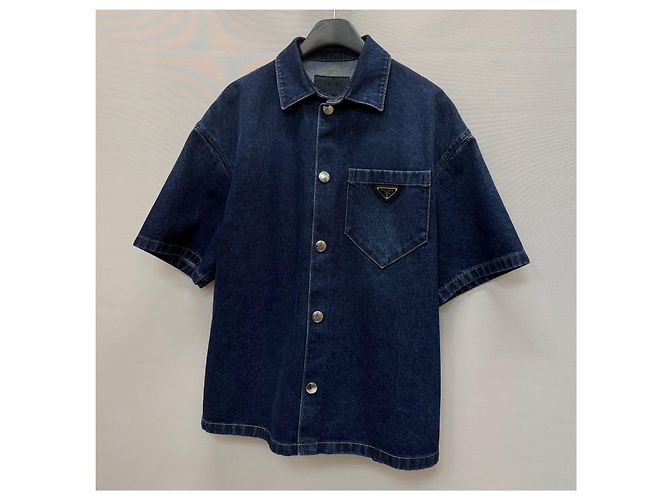 Prada Camicia in denim a maniche corte con tasca logo triangolare - vista 4
