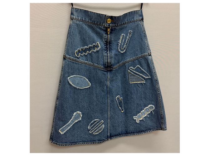 Chanel Gonna in denim patchwork con ricami egiziani - vista 3