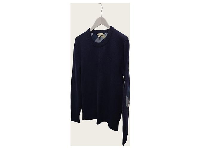 Burberry Marineblauer Rundstrickpullover aus Kaschmir mit Karomuster, besticktem Logo und Ellenbogen-Patches - Ansicht 2