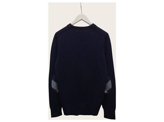 Burberry Marineblauer Rundstrickpullover aus Kaschmir mit Karomuster, besticktem Logo und Ellenbogen-Patches - Ansicht 3