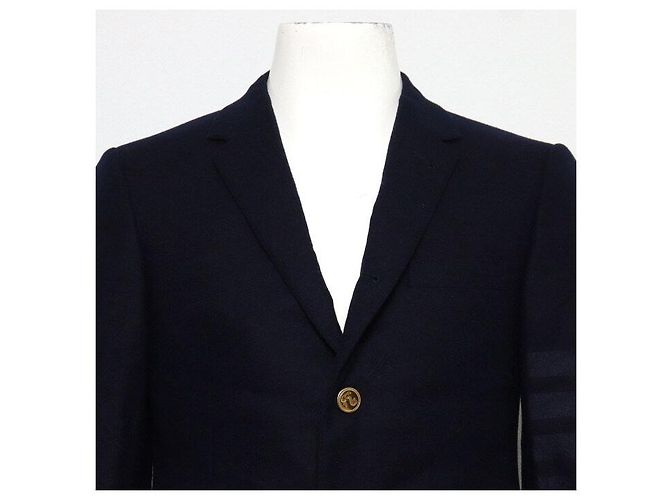 Thom Browne Navy Stripe Plain Weaving Wool Jacket with Gold Buttons - view 2