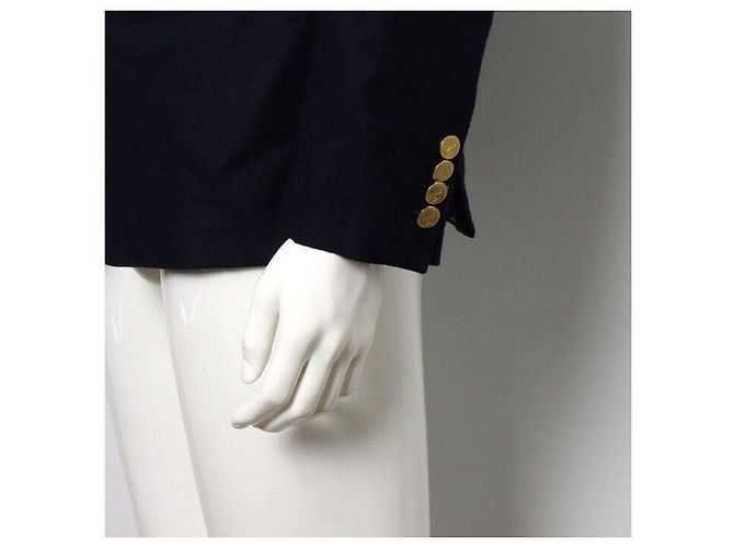 Thom Browne Navy Stripe Plain Weaving Wool Jacket with Gold Buttons - view 3