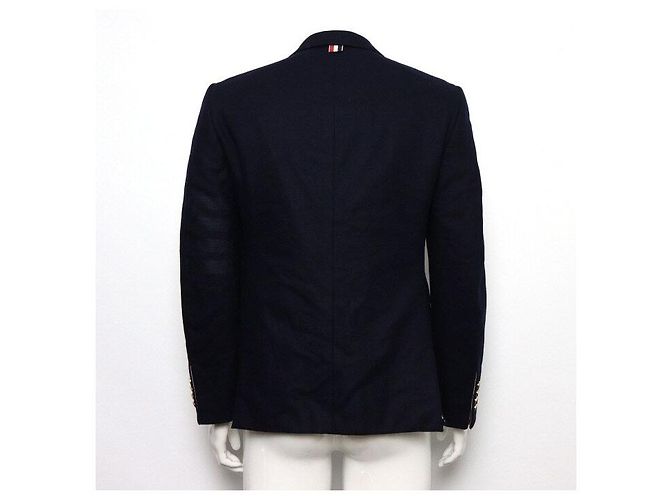 Thom Browne Navy Stripe Plain Weaving Wool Jacket with Gold Buttons - view 4