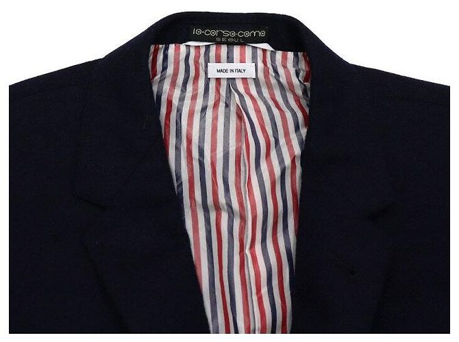 Thom Browne Navy Stripe Plain Weaving Wool Jacket with Gold Buttons - view 5