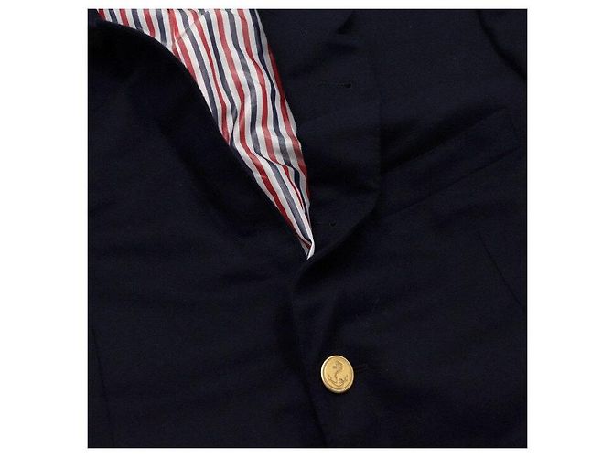 Thom Browne Navy Stripe Plain Weaving Wool Jacket with Gold Buttons - view 9