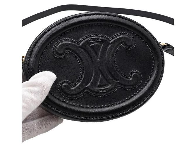 Céline Borsa a tracolla e borsa a spalla Tan Qui Triomphe Ovalpulse in pelle di vitello nera - vista 9
