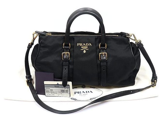 Prada Black Tessuto Nylon Soft Calfskin Lettering Logo - vista 2