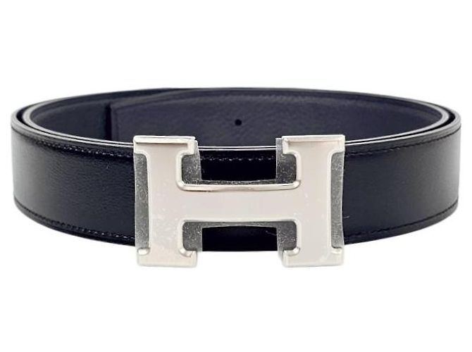 Hermès Wendbarer doppelseitiger schwarzer Gürtel mit silberner Schnalle - Ansicht 5