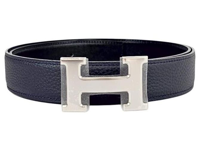Hermès Wendbarer doppelseitiger schwarzer Gürtel mit silberner Schnalle - Ansicht 6