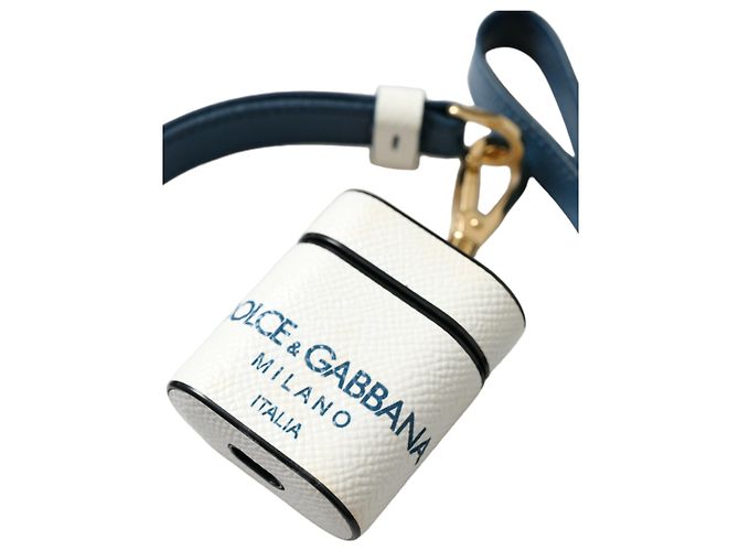 Dolce & Gabbana Capa para Airpods em couro de bezerro branco e azul com logo e alça - vista 3