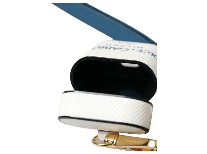 Dolce & Gabbana Capa para Airpods em couro de bezerro branco e azul com logo e alça - vista 5