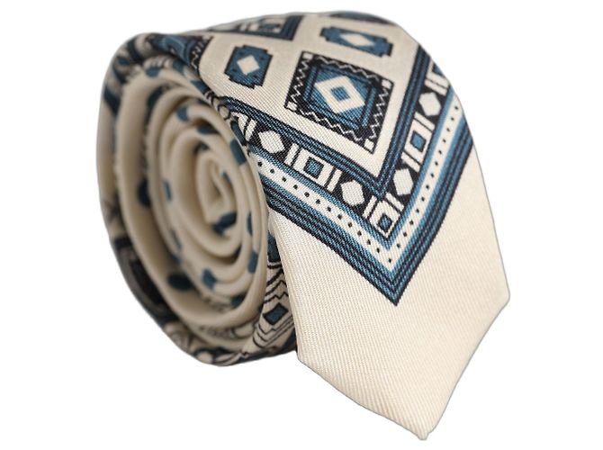 Dolce & Gabbana Cravatta regolabile geometrica blu e off white da uomo - vista 2