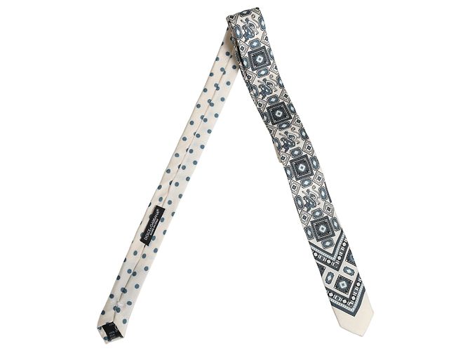Dolce & Gabbana Cravatta regolabile geometrica blu e off white da uomo - vista 3