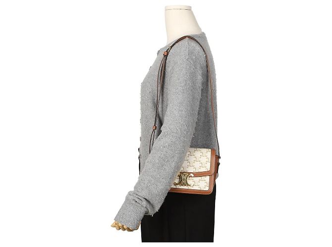 Céline Sac à épaule Triope Mini Size en cuir de veau canvas Blanc - vue 13