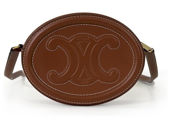 Céline Borsa a tracolla e spalla Triomphe Cuire Oval Pulse in pelle Tan - vista 5