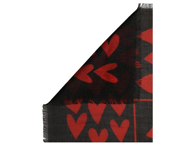 Dolce & Gabbana Sciarpa Stole in Cashmere con Stampa Cuori Nero e Rosso - vista 2