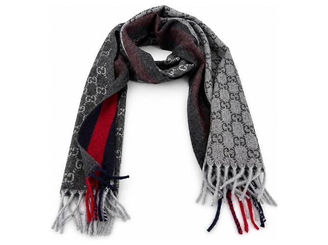 Gucci Sciarpa in cashmere e lana grigio antracite Monogram con strisce rosse e blu navy - vista 2