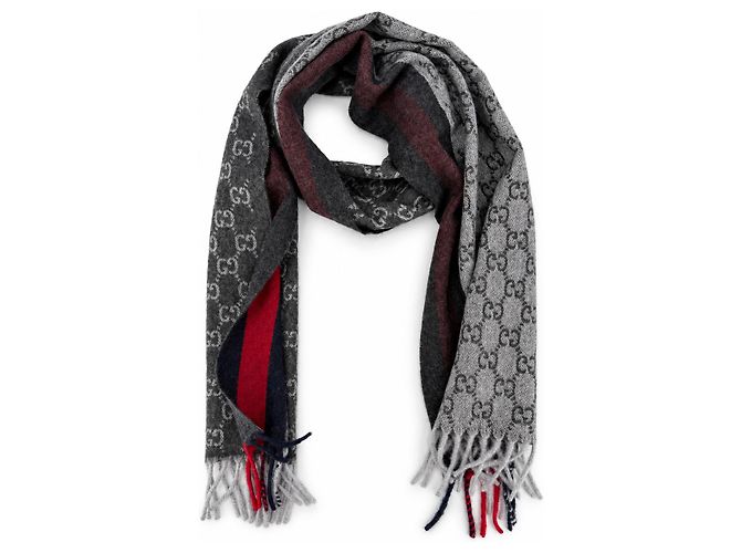 Gucci Sciarpa in cashmere e lana grigio antracite Monogram con strisce rosse e blu navy - vista 3