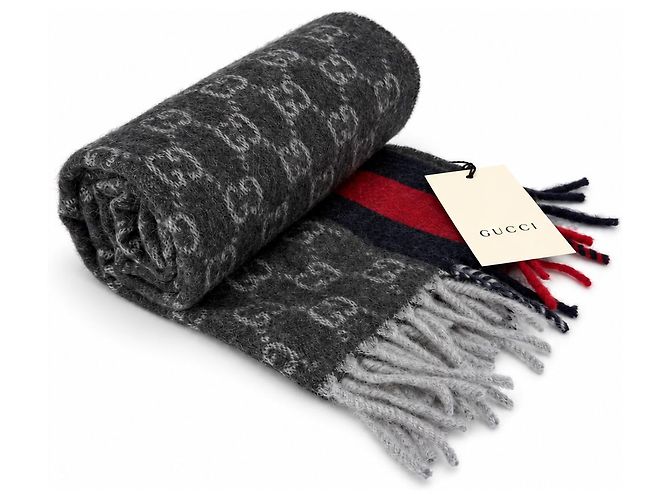 Gucci Sciarpa in cashmere e lana grigio antracite Monogram con strisce rosse e blu navy - vista 6