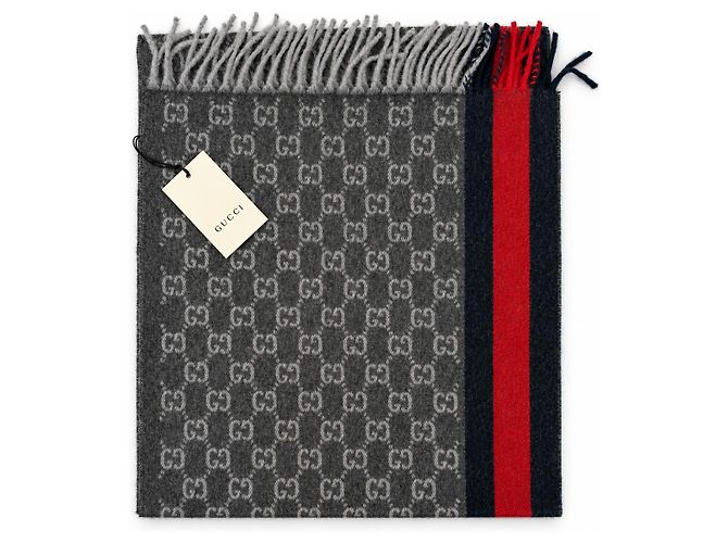 Gucci Sciarpa in cashmere e lana grigio antracite Monogram con strisce rosse e blu navy - vista 7