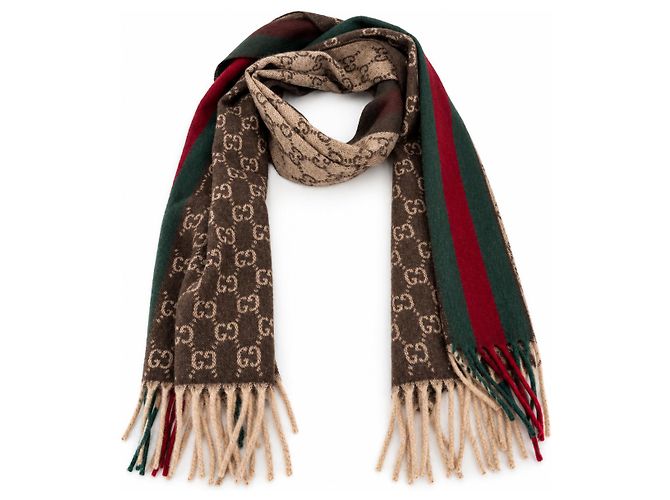 Gucci Sciarpa in cashmere e lana Monogram Brown con striscia Web verde e rossa - vista 2